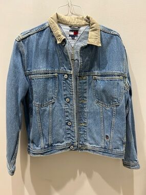 Tommy Hilfiger Light Blue Denim Trucker Jacket with Tan Corduroy Collar.
